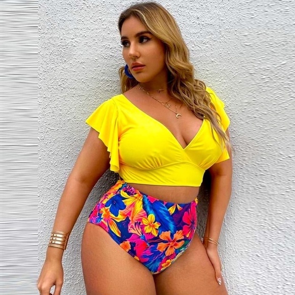 2 PIECE YELLOW TANKINI FLORAL SET - Picture 3 of 5